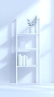 Minimalist white bookshelf with palm leaves in vase and books against light wall with natural shadow patterns, modern interior design concept.