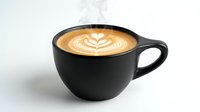 Black coffee cup with latte art foam design on white background, isolated for cafe menu, coffee shop branding, beverage advertising and hospitality design projects.