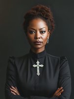 African American woman in black clergy attire with ornate silver cross necklace, arms crossed, natural curly hair, against dark background, conveying strength and dignity.
