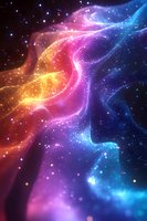 Vibrant cosmic nebula with flowing aurora-like waves in pink, orange and blue hues against starry space background, creating magical celestial atmosphere.