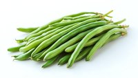 Fresh green string beans pile isolated on white background, raw organic produce for healthy cooking and vegetarian cuisine.
