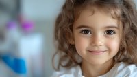 Young girl with curly brown hair and bright blue eyes smiling warmly at camera. Natural soft lighting creates gentle portrait mood. White clothing and blurred background.