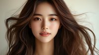 Young Asian woman with flowing dark brown hair and natural makeup smiling softly at camera against light background, portrait with gentle expression and glowing skin.