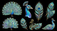 Peacock bird with vibrant blue and green plumage isolated on transparent background. Includes full body display poses and decorative feather elements. Ready for t-shirt design, clipart, stickers, sublimation and print-on-demand projects.