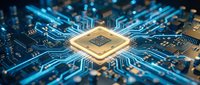 Central processor unit with glowing circuits on blue motherboard, representing artificial intelligence, computing technology, and digital innovation for tech industry applications.