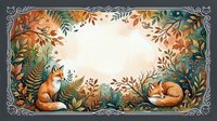 Autumn forest frame with sleeping foxes surrounded by colorful fall foliage, ferns and decorative border on light background for seasonal designs.