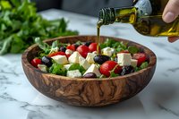 Fresh Mediterranean salad with feta cheese, olives and tomatoes in wooden bowl being drizzled with olive oil on marble counter for healthy eating.