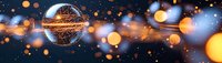 Glowing sphere with light trails surrounded by golden bokeh lights and sparkles against dark cosmic background creates magical atmosphere.