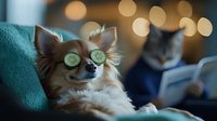 Relaxed chihuahua dog with cucumber slices on eyes enjoying spa treatment at home while gray cat reads book in background against warm bokeh lights.