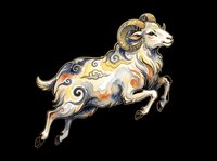 Decorative ram with ornate swirling patterns in gold, blue, and orange tones, isolated on transparent background. Ready for t-shirt design, clipart, stickers, and print-on-demand products.