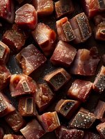 Fresh raw tuna cubes seasoned with sea salt on dark background, close up view of diced sashimi grade fish prepared for Asian cuisine and poke bowls.