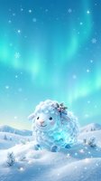 Cute white sheep with blue bow sitting in snowy winter landscape with sparkling snowflakes and magical lights, ideal for holiday greeting cards and seasonal designs.