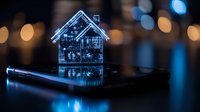 Glowing holographic house model on dark reflective surface with bokeh lights background, futuristic real estate concept for architecture and smart home technology.