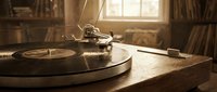 Vintage turntable with vinyl record on wooden table in warm sunlit room with bookshelves, retro music equipment for nostalgic audio listening experience.