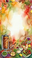 Watercolor food frame with Middle Eastern cuisine, kebabs, spices and herbs on colorful background with copy space for restaurant menu design.