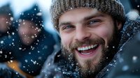 Happy bearded man in knit hat laughing joyfully during snowfall, winter portrait with falling snow and warm smile expressing seasonal happiness and joy.