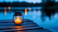 Glowing lantern on wooden dock at twilight lake with warm candlelight reflecting on calm water surface creating peaceful evening atmosphere for relaxation and tranquility.