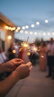 Hand holding lit sparklers at outdoor evening celebration with string lights and blurred guests in background, suitable for festive events, parties, and holiday marketing materials.