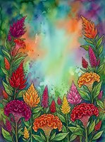 Vibrant watercolor garden with colorful celosia and marigold flowers, lush green leaves, and a glowing multicolor background for wall art or prints.