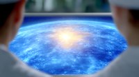 Glowing blue holographic planet Earth projection with bright center light viewed from behind silhouetted observers, futuristic technology concept.