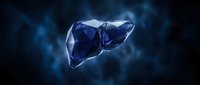 Crystalline liver organ with geometric faceted surface in deep blue tones against dark background for medical education and healthcare presentations.