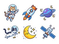 Cartoon cat astronaut in spacesuit floating in space, rocket ship, planet with rings, sleeping moon with stars, satellite, and cat astronaut isolated on white background for design use.