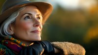 Mature woman with silver hair wearing autumn clothing and hat gazing upward with serene expression during golden hour sunset, soft natural lighting creates warm atmosphere.