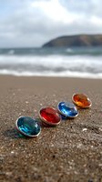 Colorful glass gems lined up on sandy beach with ocean waves and coastal cliffs in background. Natural lighting highlights translucent stones in blue, red, and amber.
