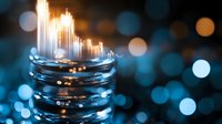 Glowing light streams rise from metallic rings against dark blue bokeh background, creating futuristic technological atmosphere for business and innovation concepts.