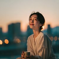 Young Asian woman enjoying morning coffee on urban balcony at sunrise with city skyline backdrop, peaceful moment of contemplation and relaxation.