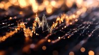 Futuristic digital cityscape with glowing skyscrapers and warm bokeh lights creating abstract urban technology landscape for modern design projects.