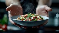 Fresh Mediterranean salad with tomatoes, herbs and cheese being seasoned by chef hands in modern kitchen for healthy dining and culinary presentation.
