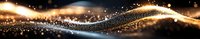 Magical glowing wave of sparkling golden and silver particles flowing on black background with shimmering light effects and bokeh elements.