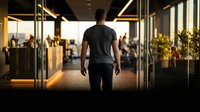 Young professional man walking through modern office corridor with glass walls and warm lighting during golden hour for business and career concepts.