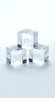 Three transparent crystal glass cubes stacked in pyramid formation on white background, modern minimalist design for luxury branding and premium product display.