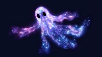 Glowing cosmic ghost figure with galaxy texture and starry details floating in dark space, magical ethereal creature made of nebula patterns and stardust effects.