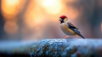 Small colorful songbird perched on moss-covered branch with warm golden bokeh background. Wildlife photography for nature and birdwatching content.