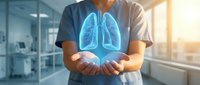 Healthcare professional displaying holographic lungs in modern medical facility for respiratory health education and pulmonary care concepts.