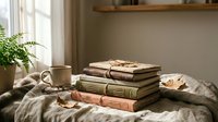 Cozy reading nook with stack of vintage books, steaming coffee mug and soft blanket by sunny window. Warm morning light creates peaceful atmosphere for relaxation.