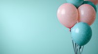 Festive pink and mint green balloons with delicate snow effect against pastel turquoise background, creating soft dreamy party atmosphere for celebration designs.