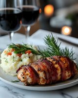 Bacon-wrapped chicken breast with creamy mashed potatoes and herbs served on white plate with red wine glass in cozy restaurant setting for dinner menu.