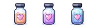 Cute glass jars with heart symbols in pastel colors - pink, purple and blue. Kawaii style illustration on white background, isolated design element for stickers and prints.