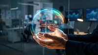 Business professional holding holographic sphere with data analytics and risk management interface in modern office environment for corporate presentations.