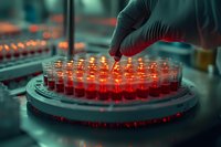 Laboratory technician in protective gloves handling blood samples in test tubes on automated analyzer for medical diagnostics and research.