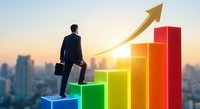 Business professional climbing colorful growth chart steps with golden arrow pointing upward against city skyline at sunrise symbolizing career advancement and success.