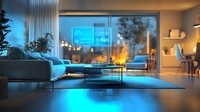 Modern living room interior at night with smart home automation system displayed on wall screen, featuring ambient blue lighting and cozy furniture setup.