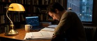 Focused businessman working late at office desk with laptop and documents under warm desk lamp light in modern workspace.