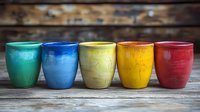 Colorful ceramic cups in rainbow order from green to red arranged in row on rustic wooden surface, showing artisanal handmade texture and weathered finish.