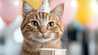 Ginger tabby cat wearing party hat with colorful balloons in background, celebrating birthday with cup of treat, perfect for pet celebration cards.