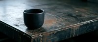 Minimalist black ceramic cup on weathered metal table surface with rustic patina and aged texture, suitable for lifestyle, home decor, and product photography.